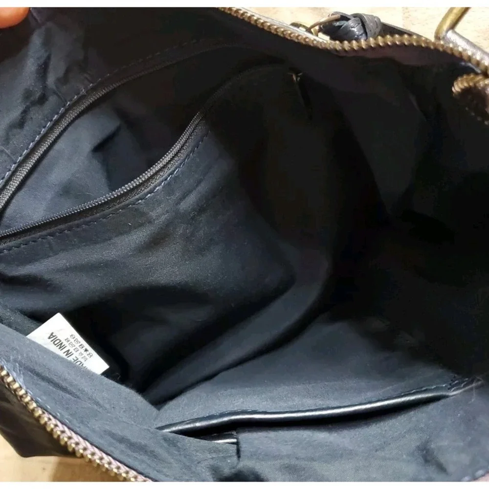 Estalon Purse Dark Blue Leather‎ Top Zip Crossbody Outside Pockets Boho Artsy